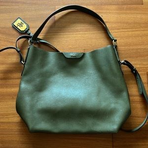 Lauren Ralph Lauren purse, green brushed leather, 15”x11” base is 4.5” wide.